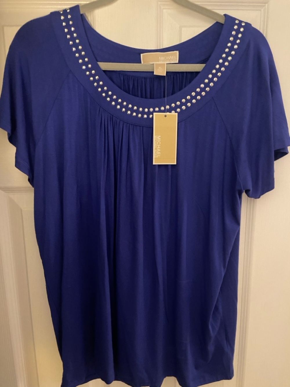 Michael Kors Cobalt Blue Studded Scoop Neck Short Sleeve Top